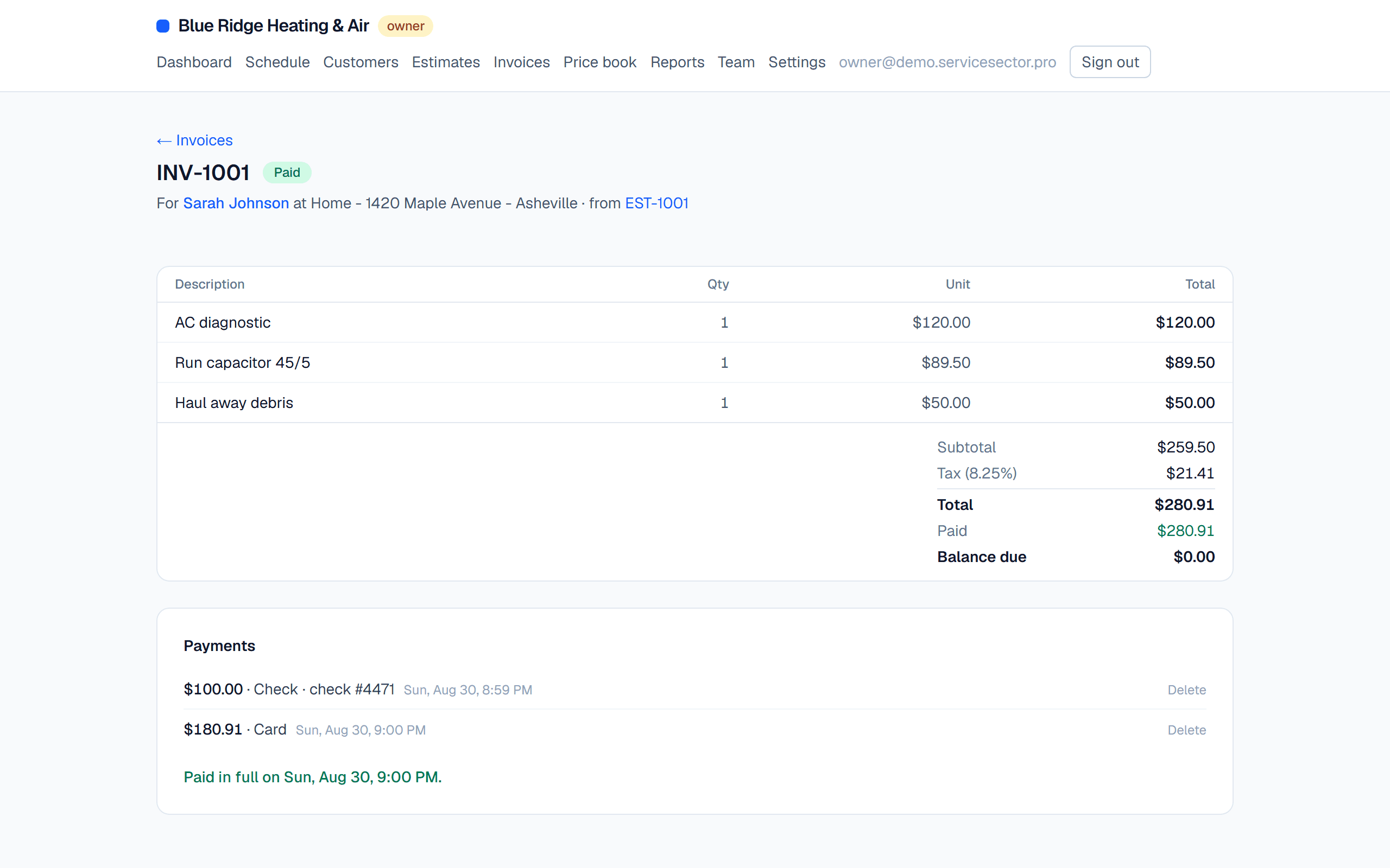 Estimates that become invoices screenshot